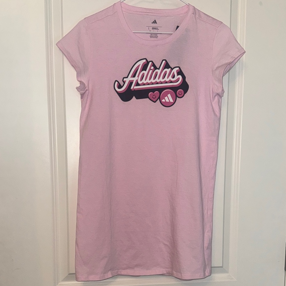 Adidas girls Light Pink Logo T-Shirt Dress size LARGE (14). New with tags